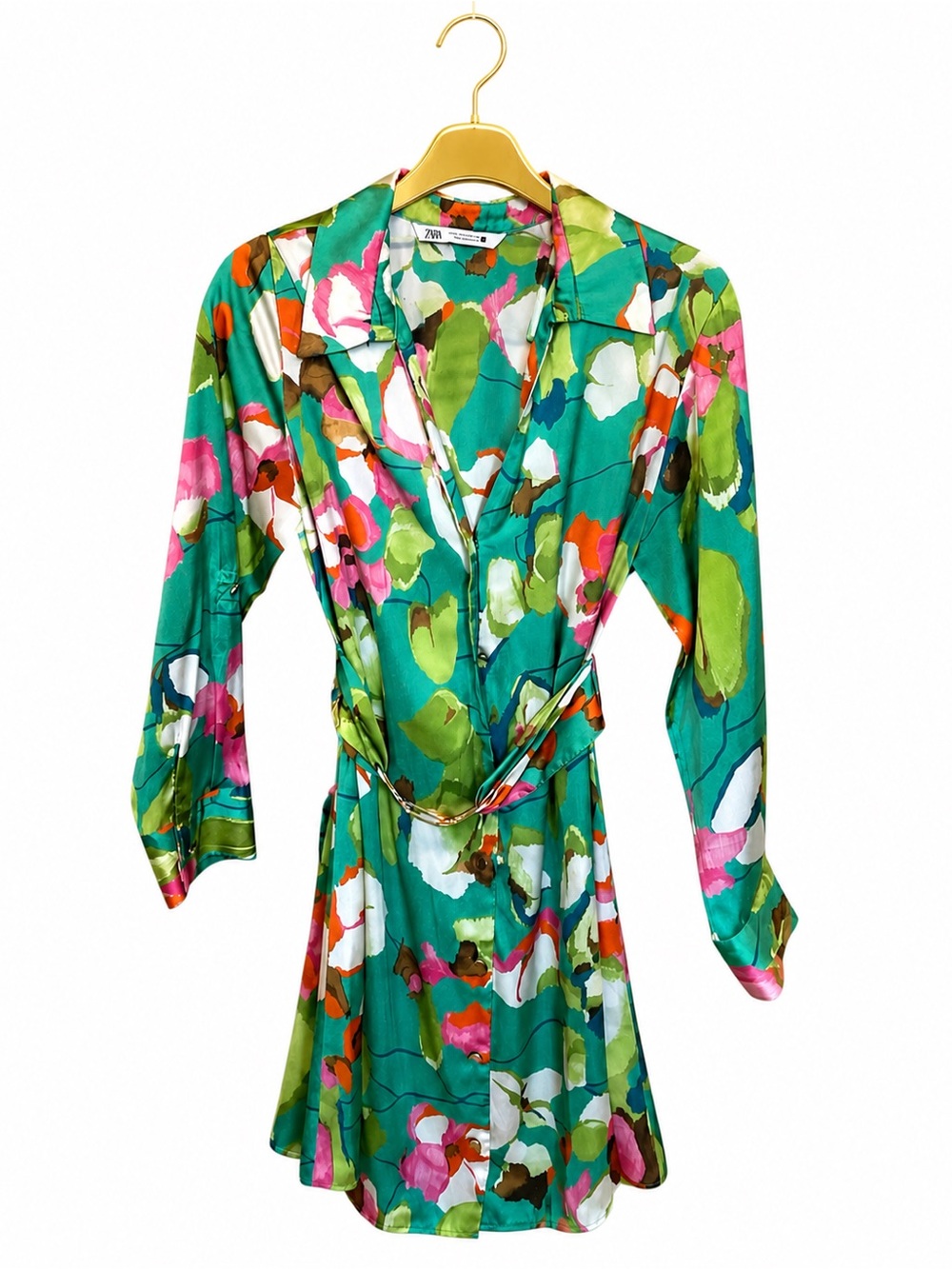Zara Green Floral Mini Shirt Dress with Pink & White Accents - Picture 5 of 5